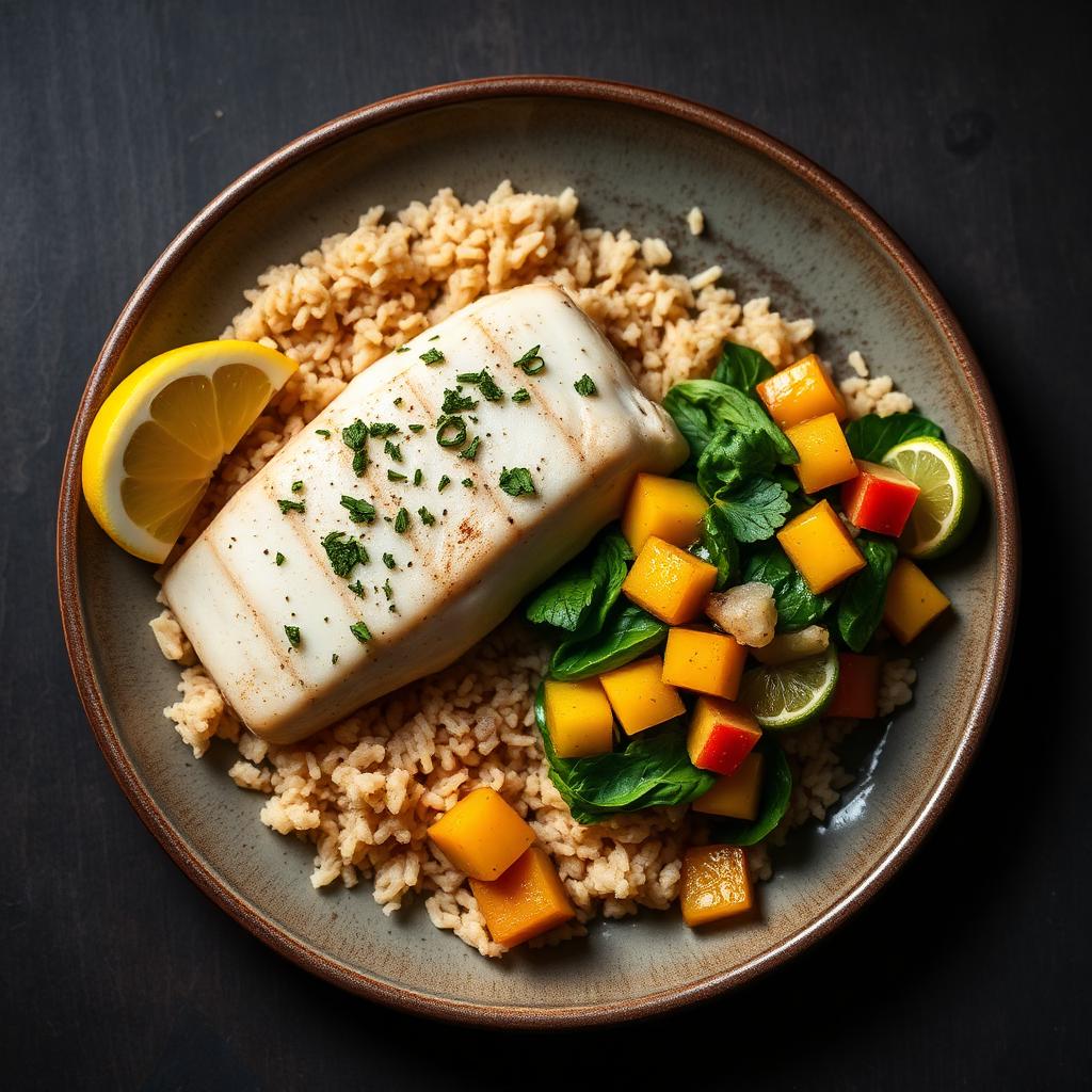 Mahi mahi with rice and salad